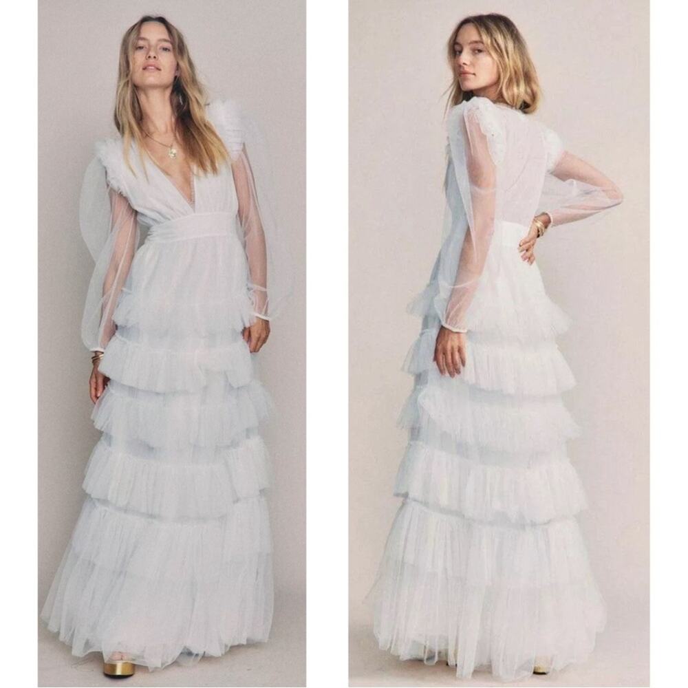 LOVESHACKFANCY Francoise Tiered Tulle Long Sleeve Deep V White Maxi Gown Size 00